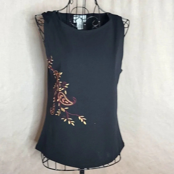 ANN TAYLOR LOFT Black Paisley Floral Embroidered Sleeveless‎ Blouse Size MP - Picture 1 of 6